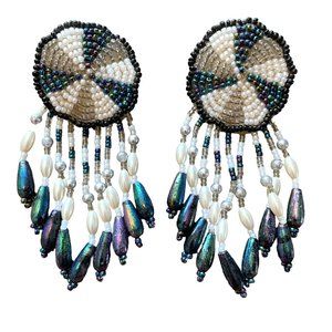 Vintage NATIVE AMERICAN Beaded Seed Dream Catcher Drop Dangle Earrings